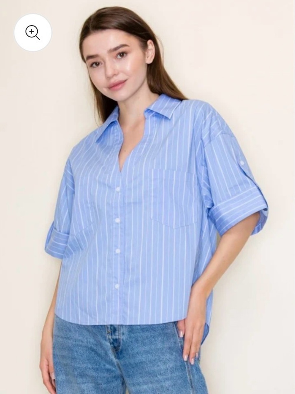 NWOT White Birch Pinstripe Roll Tab Sleeve Boxy Button Down Top